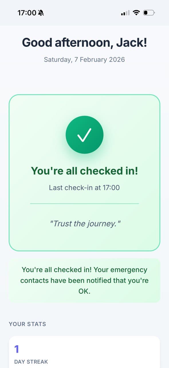Still Here app showing a successful check-in confirmation