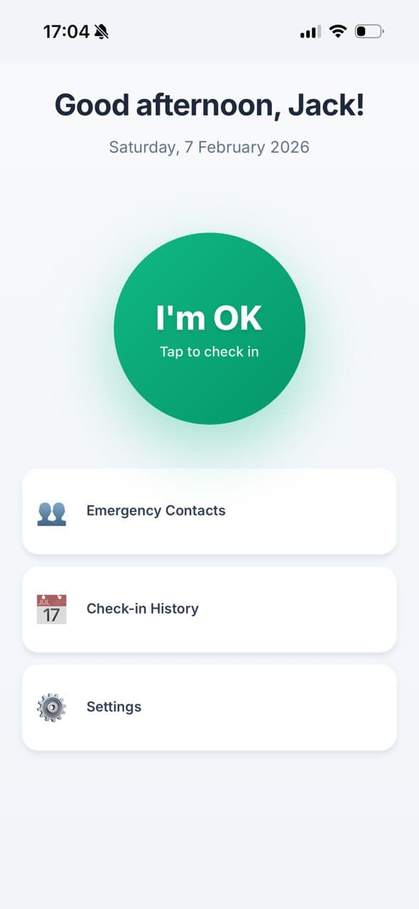 Still Here app showing the daily check-in screen with a large green 'I'm OK' button