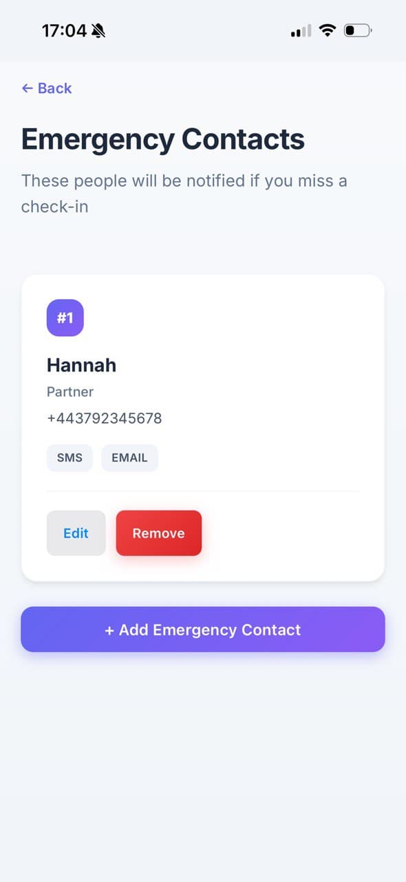 Still Here app showing the emergency contacts screen where you add people to notify
